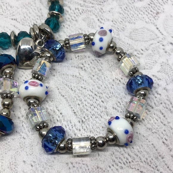 BUNDLE lot 3 art glass and crystal charm stretch bracelets small wrist size - Picture 2 of 6